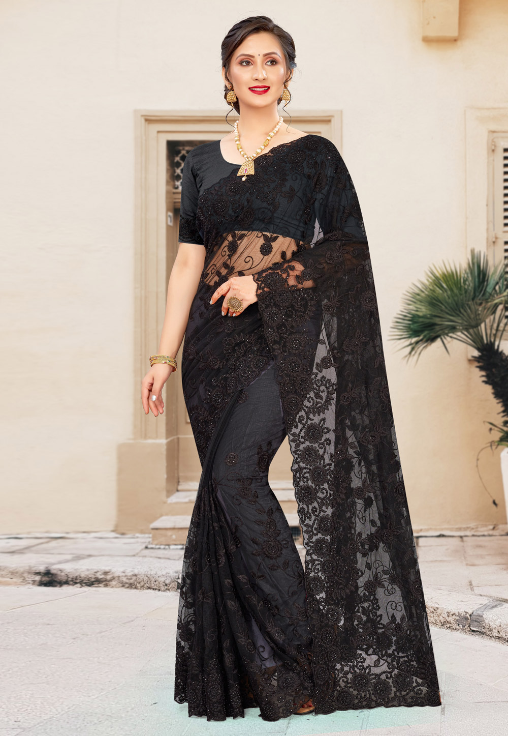 Black Net Festival Wear Saree 228395
