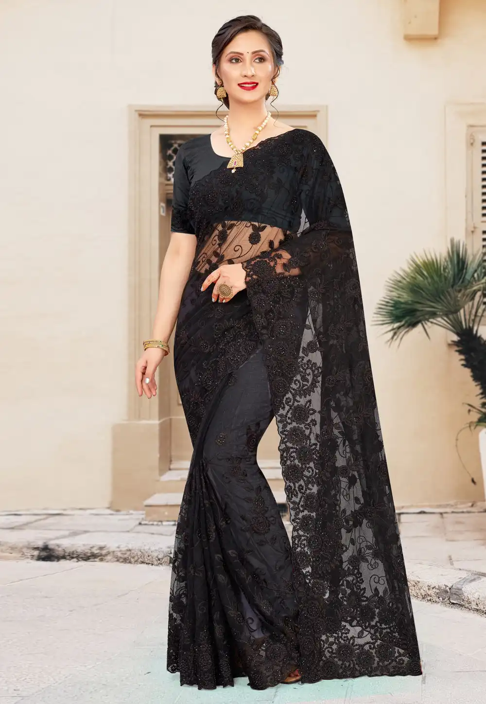 Black Net Festival Wear Saree 228395