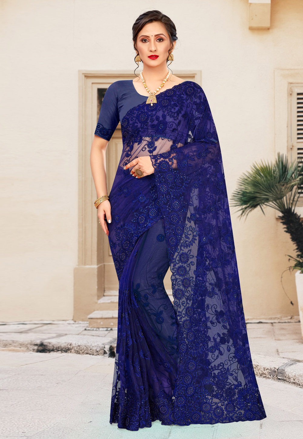 Blue Net Festival Wear Saree 228397