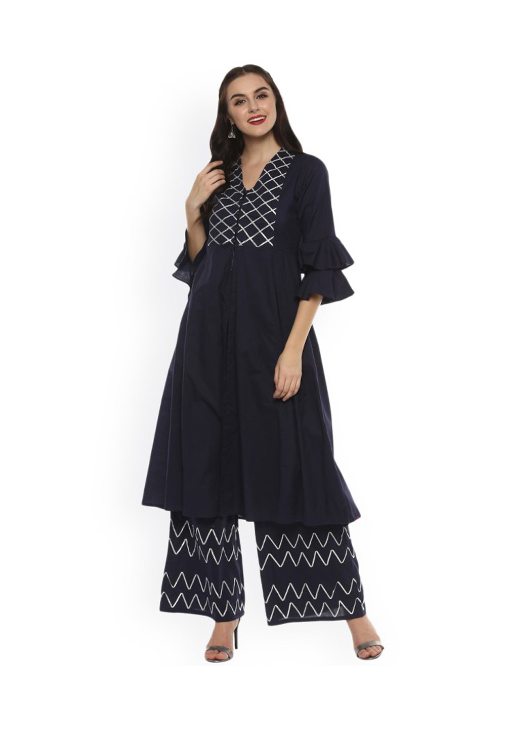 Navy Blue Rayon Readymade Kurta Set With Palazzo 203102