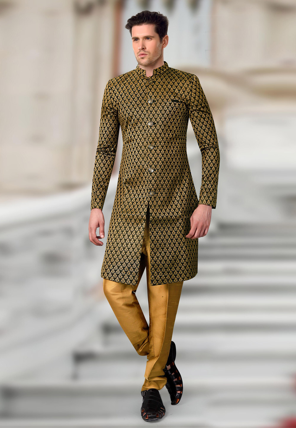 Black Jacquard Readymade Indo Western Suit 196154