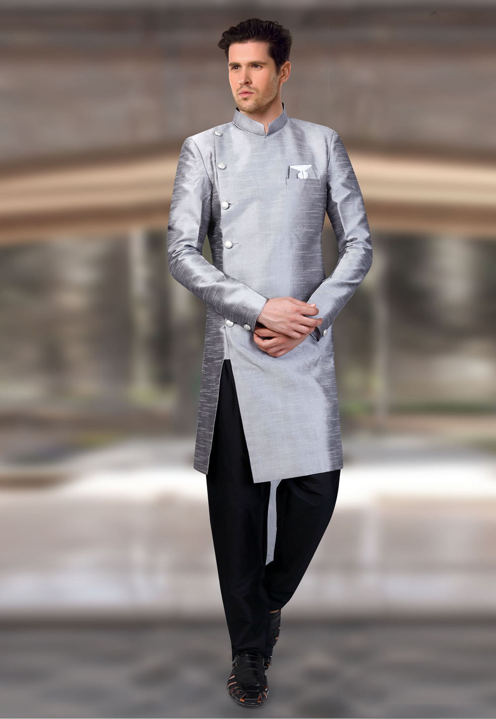 Grey Silk Readymade Indo Western Suit 196167
