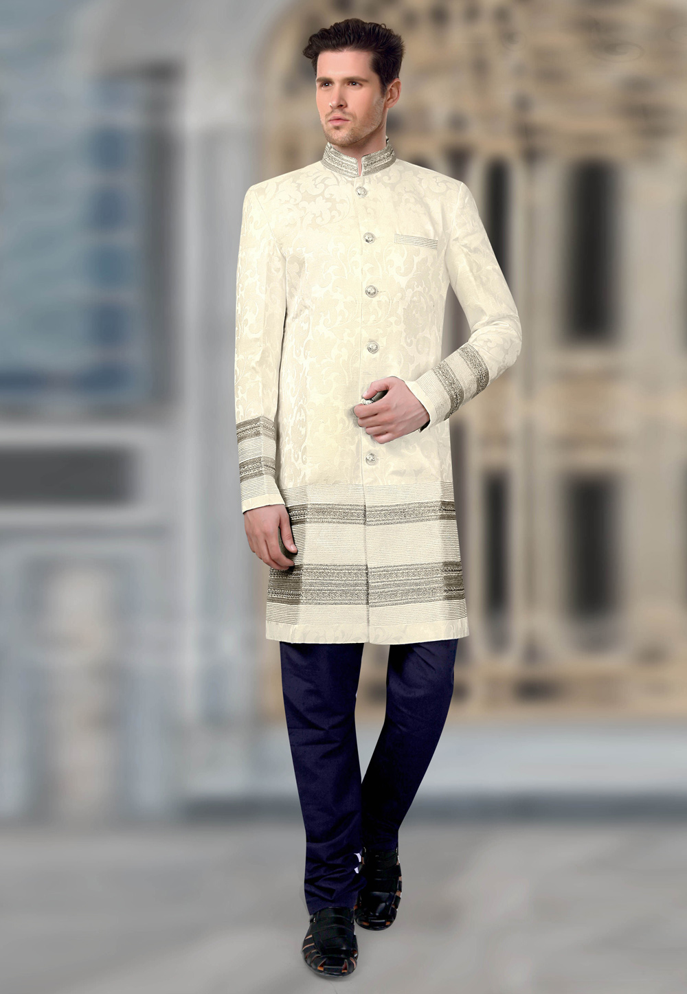 Cream Brocade Readymade Indo Western Suit 196176