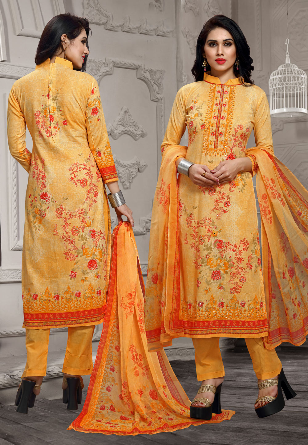 Yellow Cotton Pant Style Suit 196315