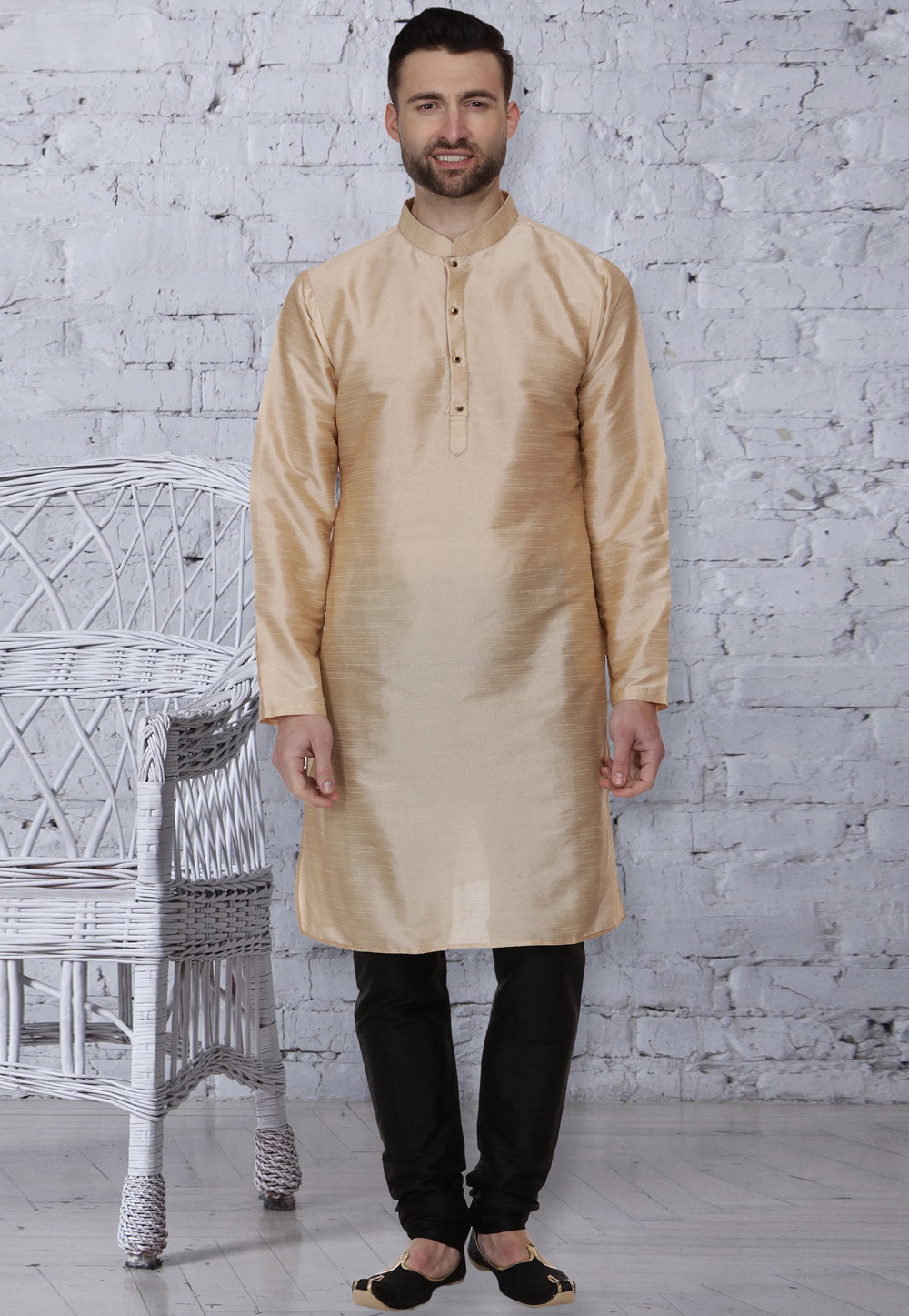 Beige Dupion Silk Readymade Kurta Pajama 160950