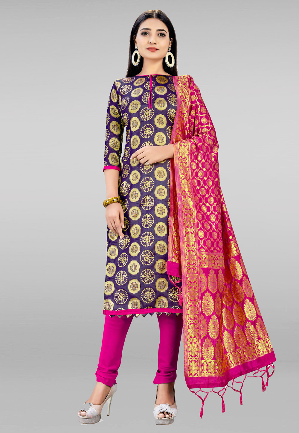 Navy Blue Banarasi Silk Churidar Suit 219046