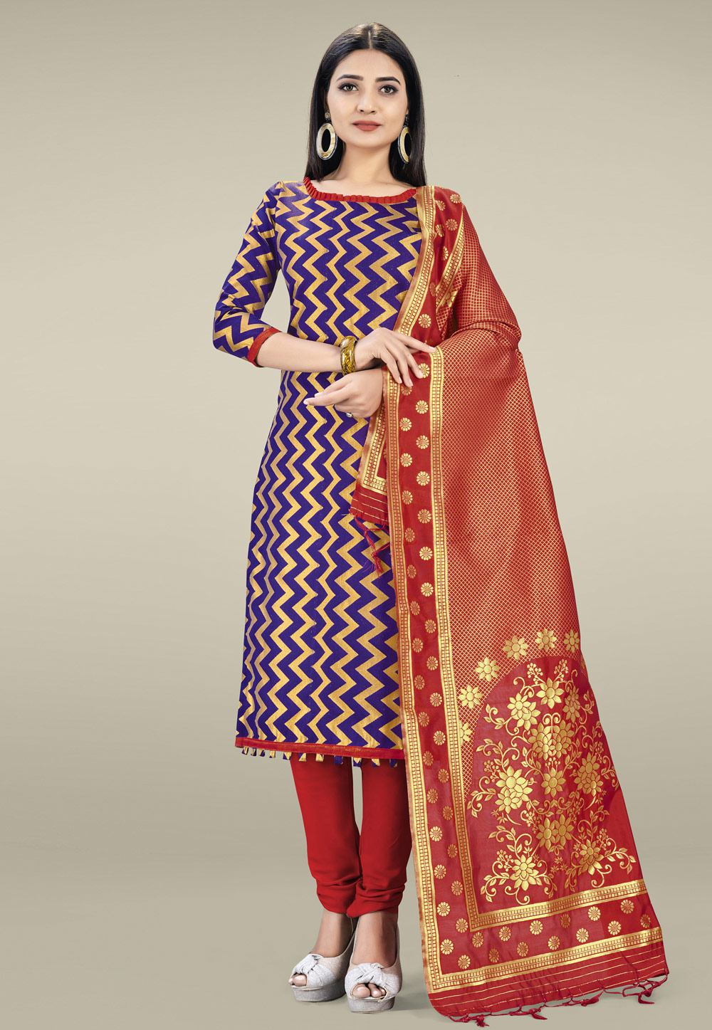 Navy Blue Banarasi Silk Churidar Salwar Kameez 219064
