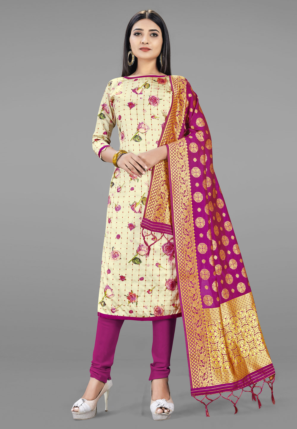 Cream Banarasi Silk Churidar Salwar Kameez 219053