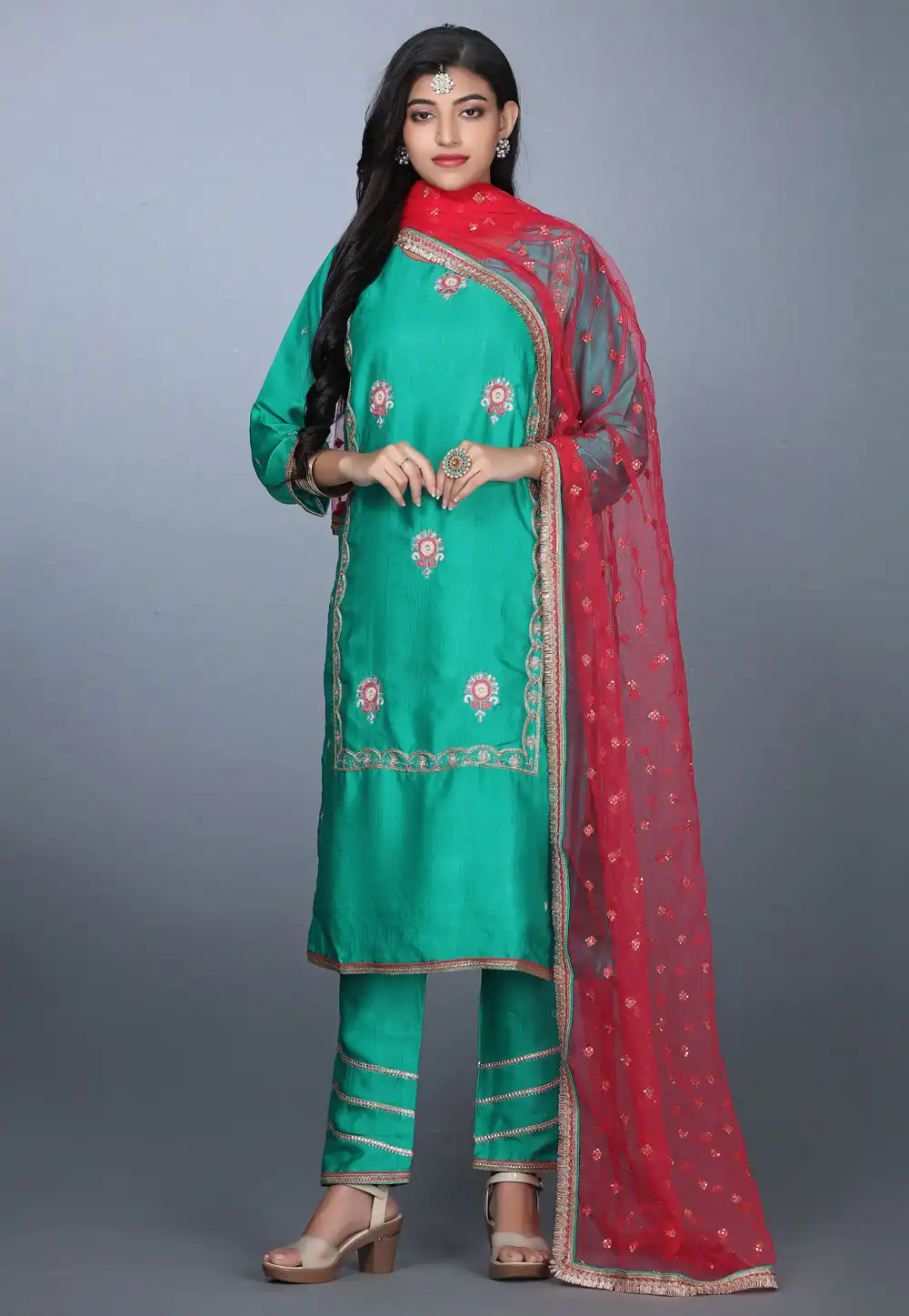 Green Art Silk Handwork Pant Style Suit 240158