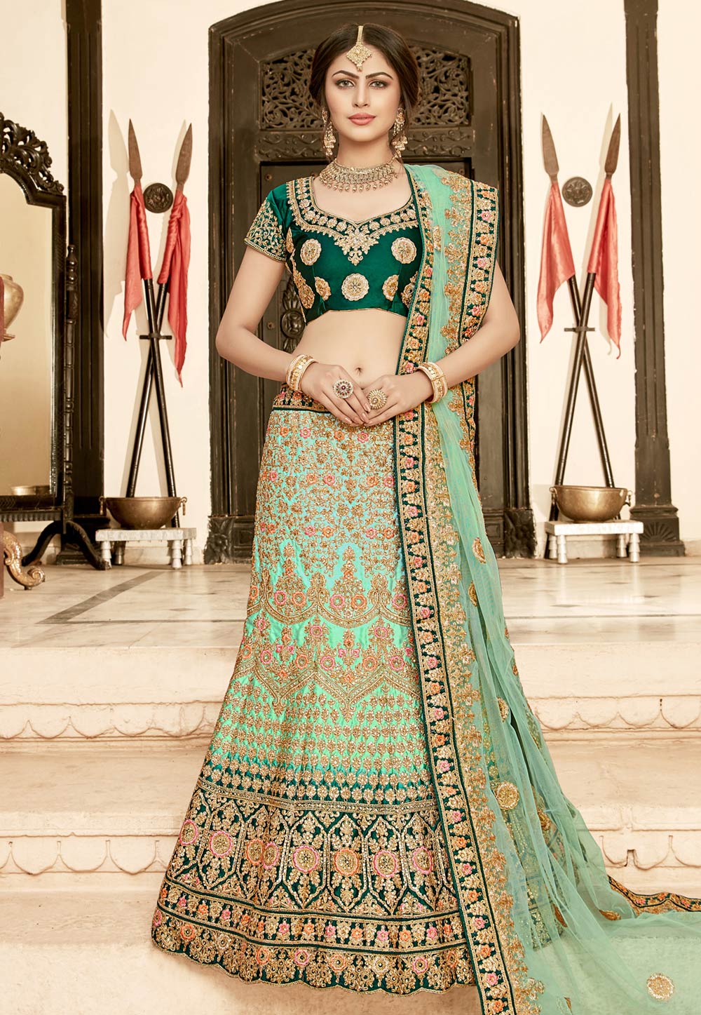 Sea Green Silk Circular Lehenga Choli 163976