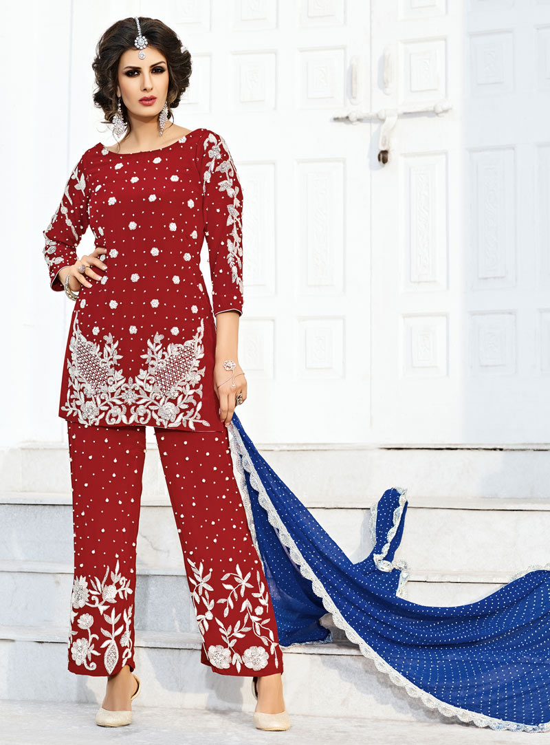 Red Silk Readymade Palazzo Style Suit 85146