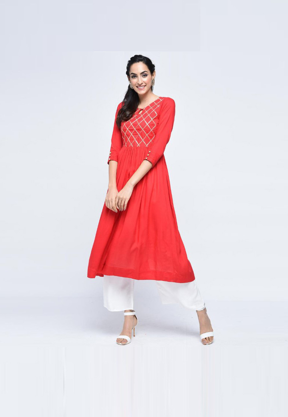 Red Rayon Readymade Kurta Set With Palazzo 203106