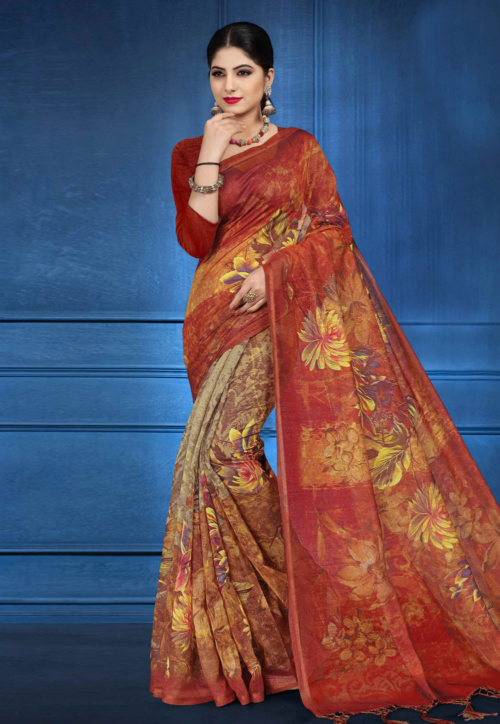 Rust Silk Printed Festival Wear Saree 162566