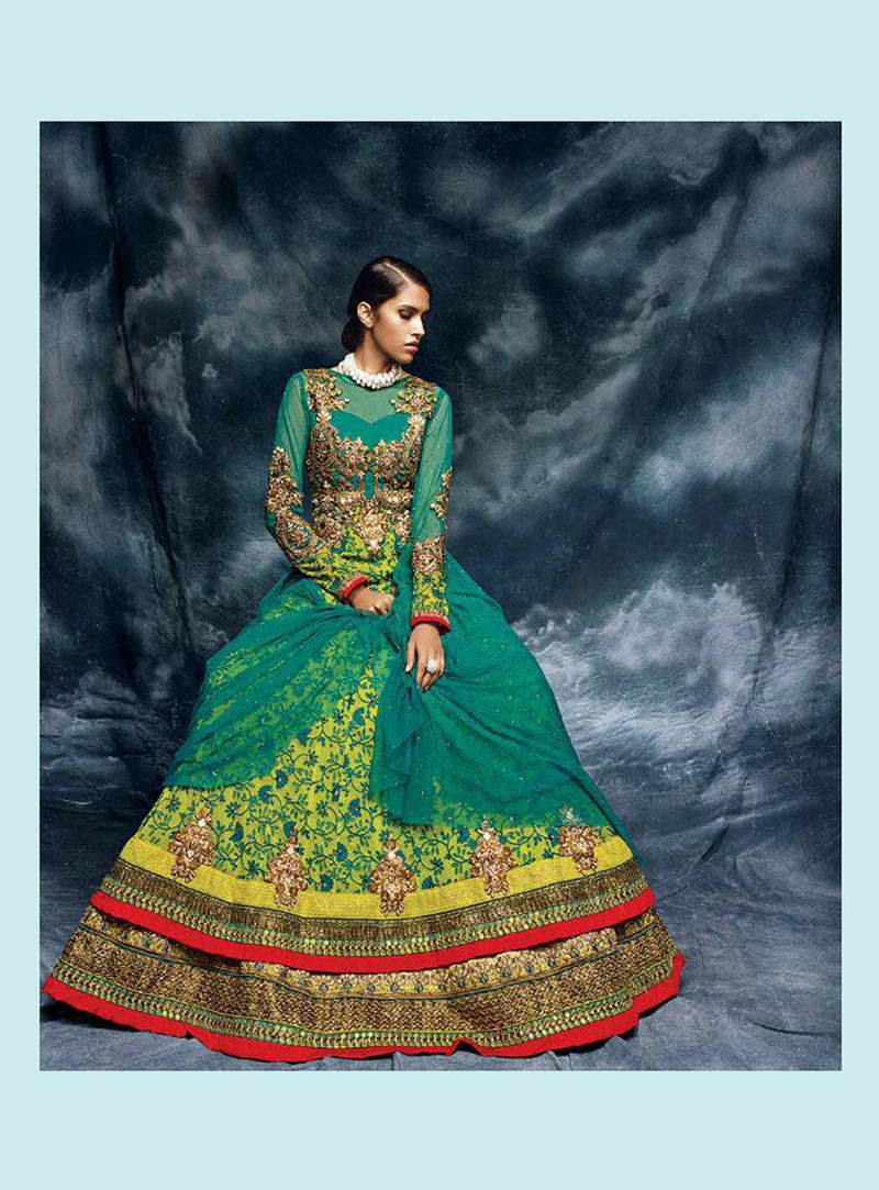 Green Soft Net Layered Anarkali Suit 76052