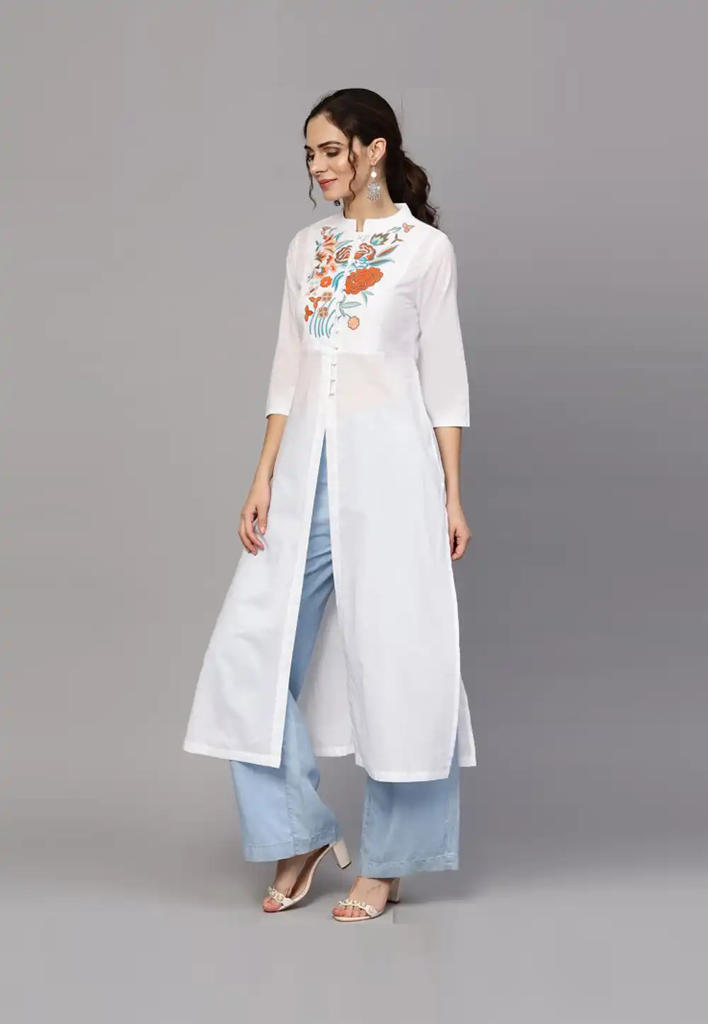 Off White Rayon Readymade Kurta Set With Palazzo 203109