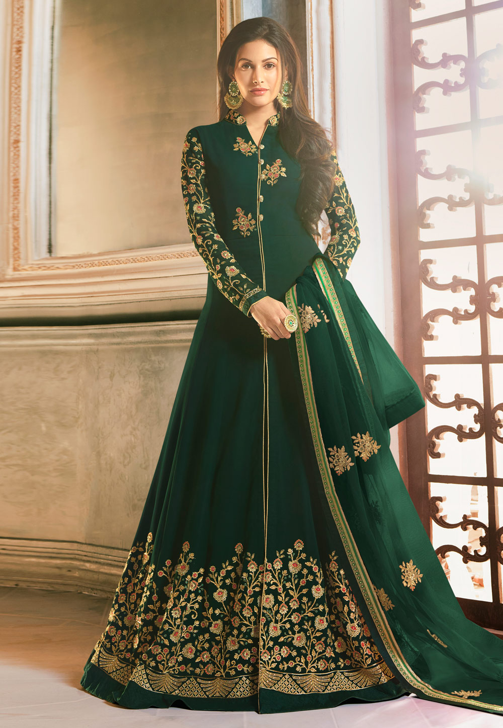 Green Georgette Center Slit Anarkali Suit 185939