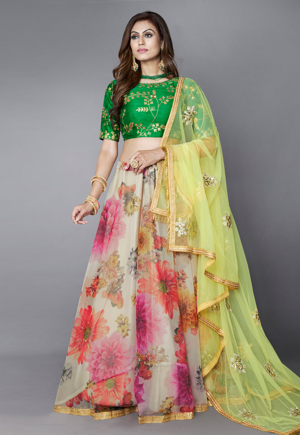 Cream Organza Floral Lehenga Choli 248913