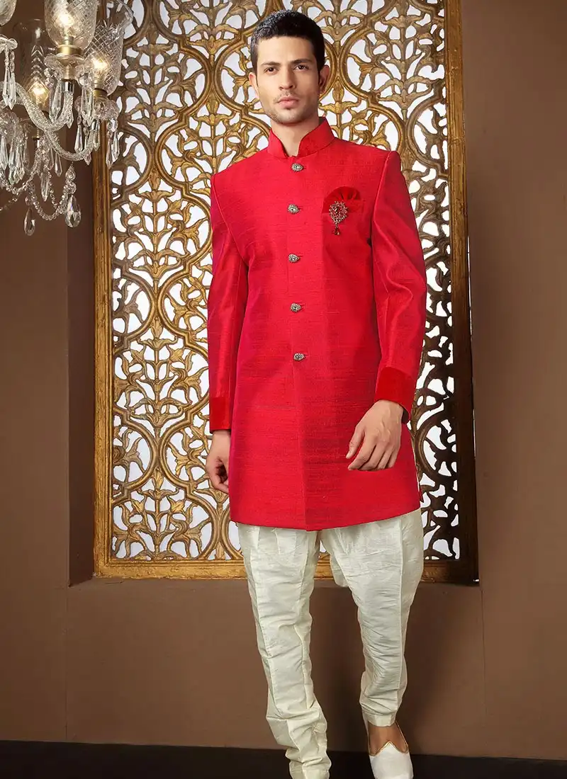 Red and White Raw Silk Indo Western Suit 40648