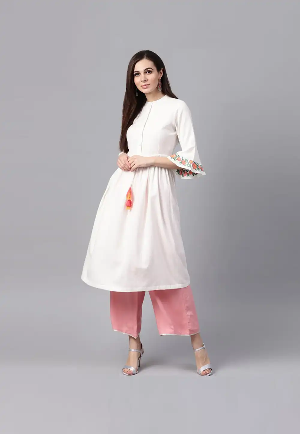 Off White Rayon Readymade Kurta Set With Palazzo 203111