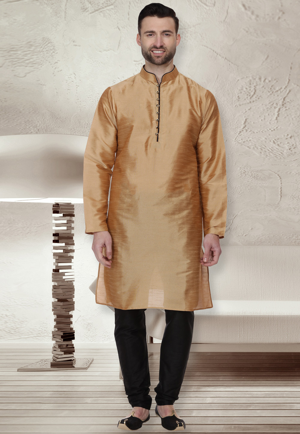 Golden Dupion Silk Readymade Kurta Pajama 160951
