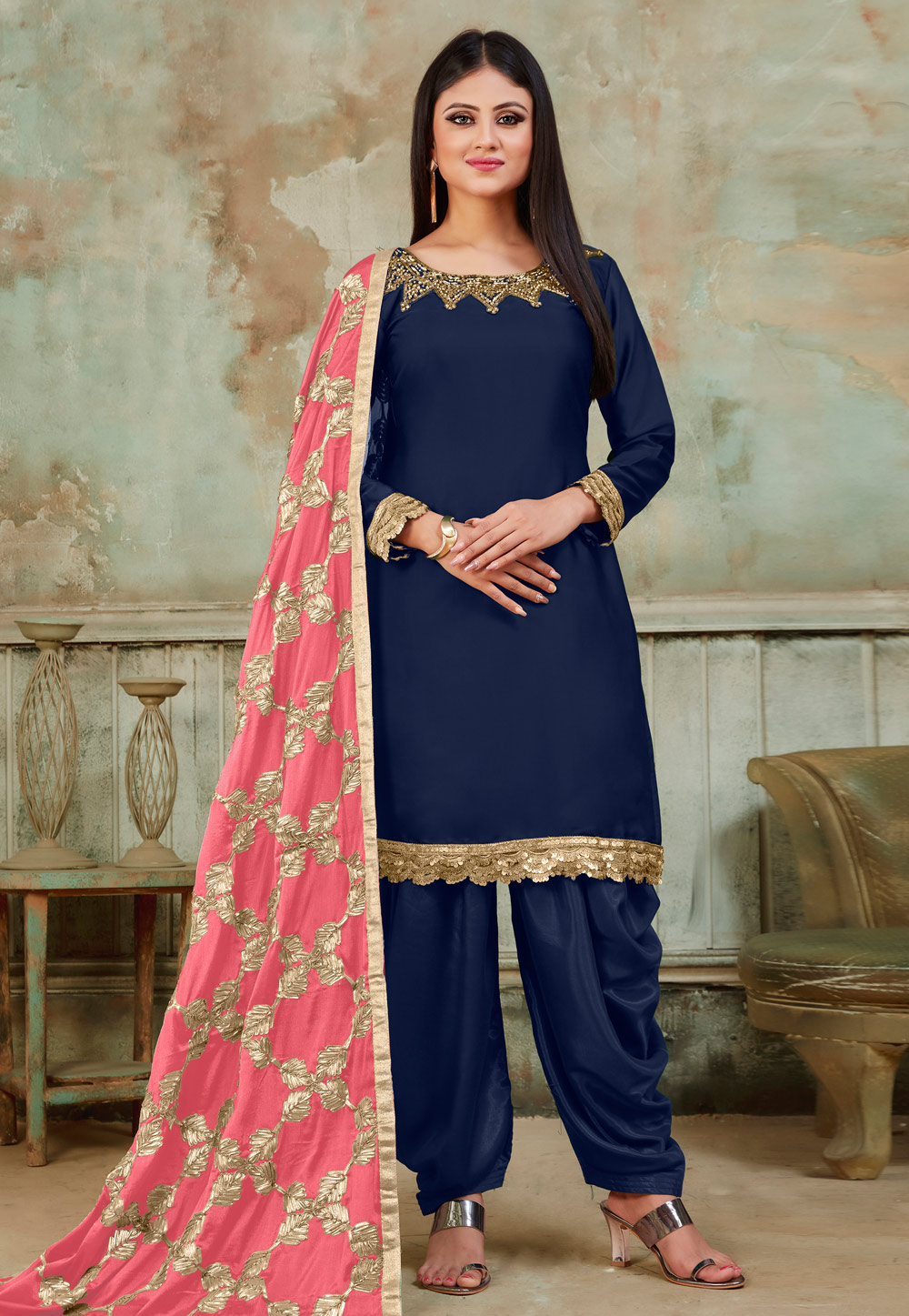 Anarkali Suit Punjabi Yellow And Blue Tuxedo Navy Blue Satin