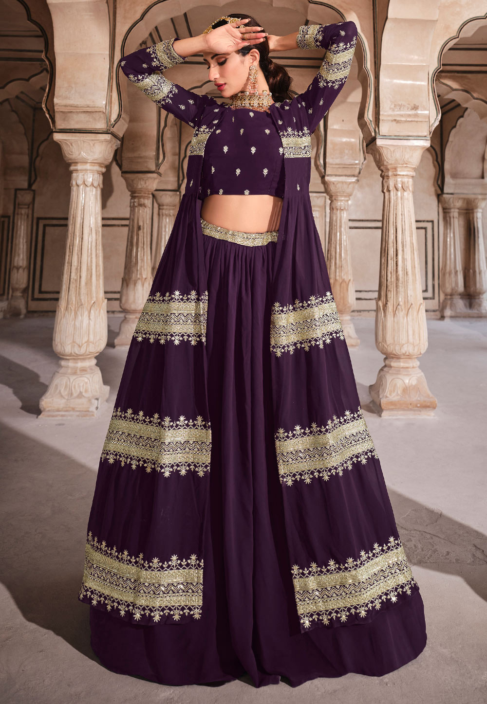 Purple Georgette Lehenga Choli With Jacket 240514