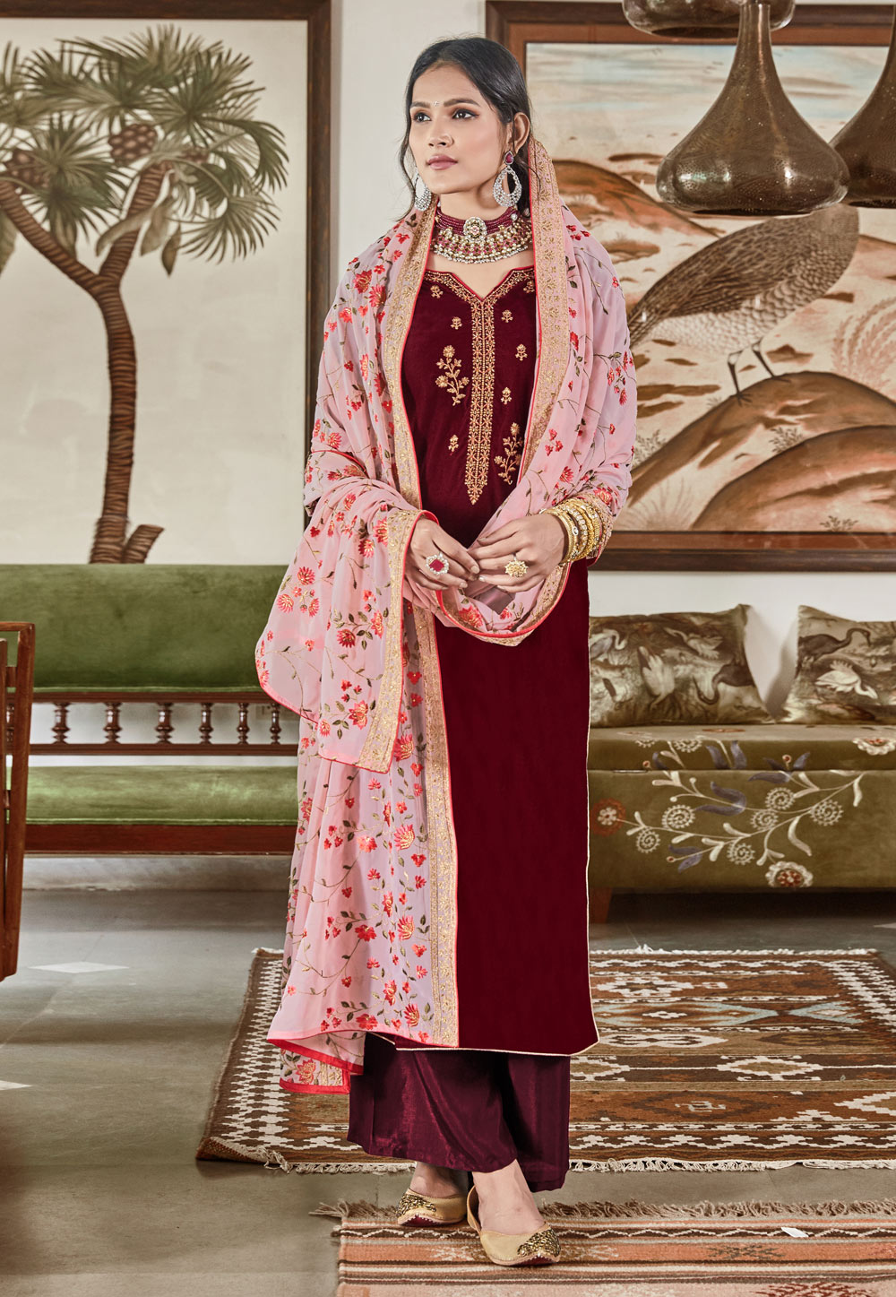 Maroon Velvet Kameez With Palazzo 211230