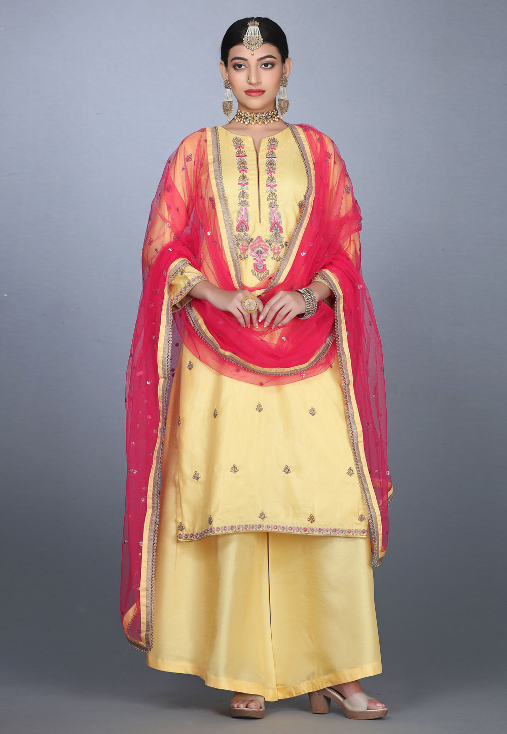 Yellow Art Silk Handwork Palazzo Suit 240159