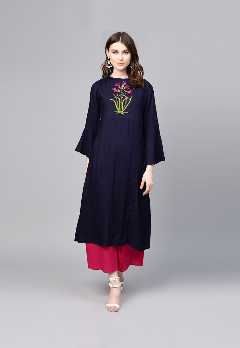 Navy Blue Rayon Readymade Kurta Set With Palazzo 203113