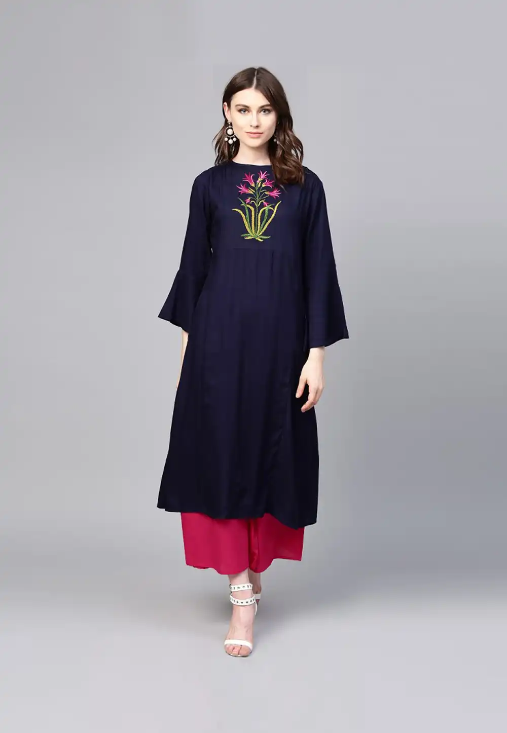 Navy Blue Rayon Readymade Kurta Set With Palazzo 203113