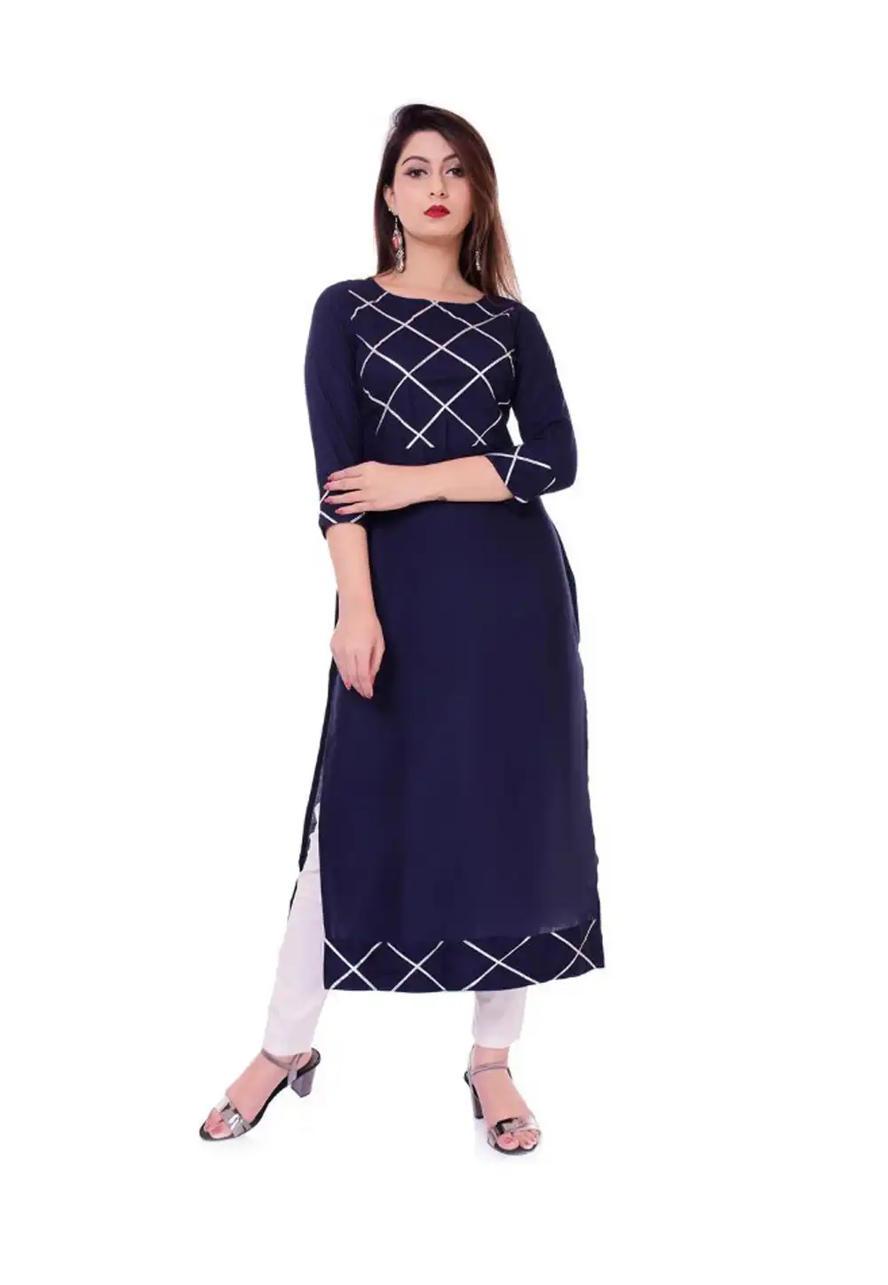 Navy Blue Rayon Readymade Kurta Set With Pant 203114