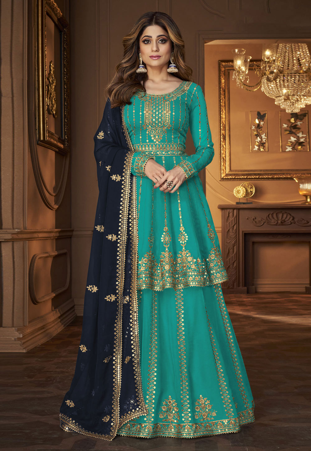 Shamita Shetty Turquoise Georgette Indo Western Lehenga Choli 277693