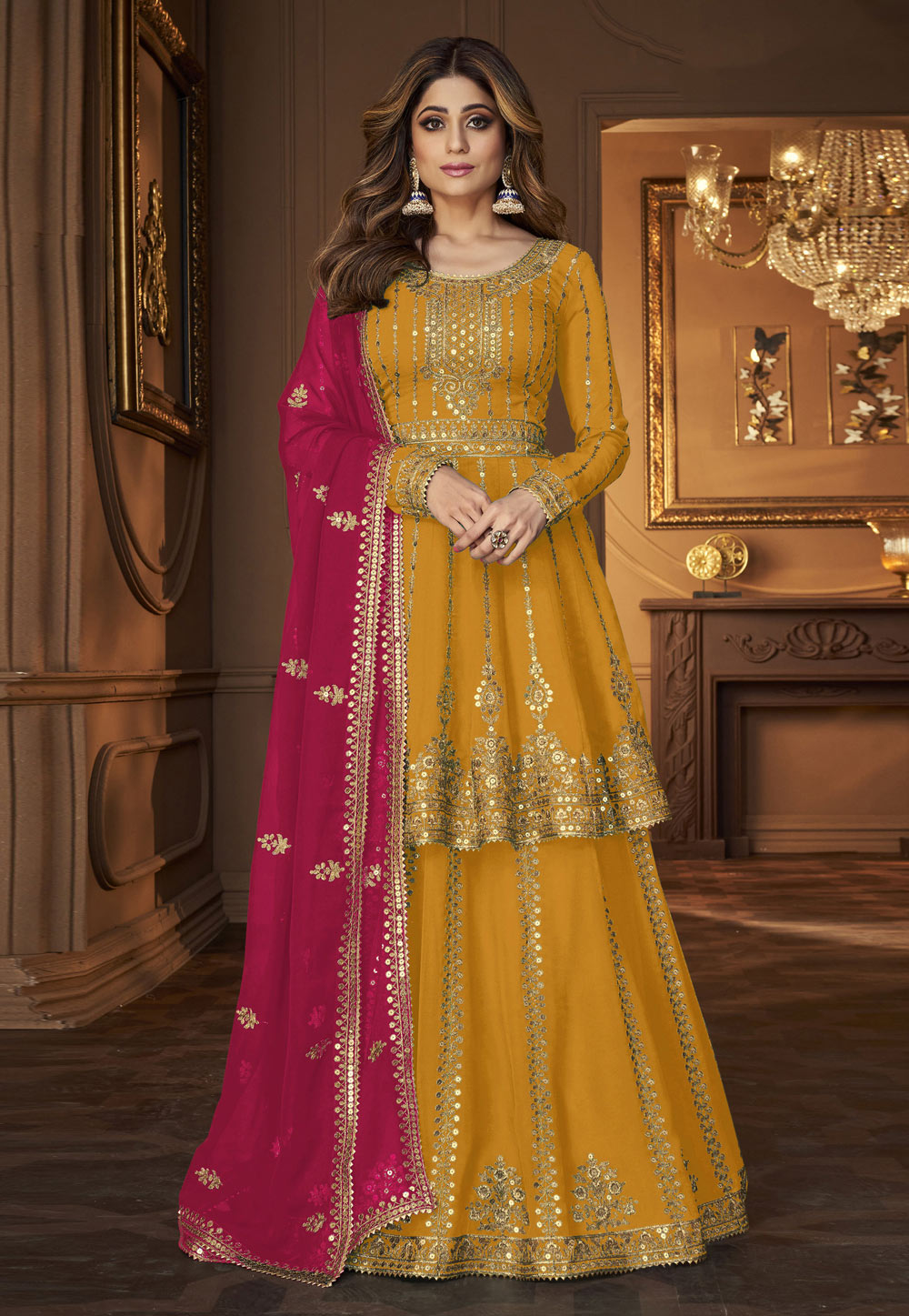 Shamita Shetty Mustard Georgette Long Choli Lehenga 277694