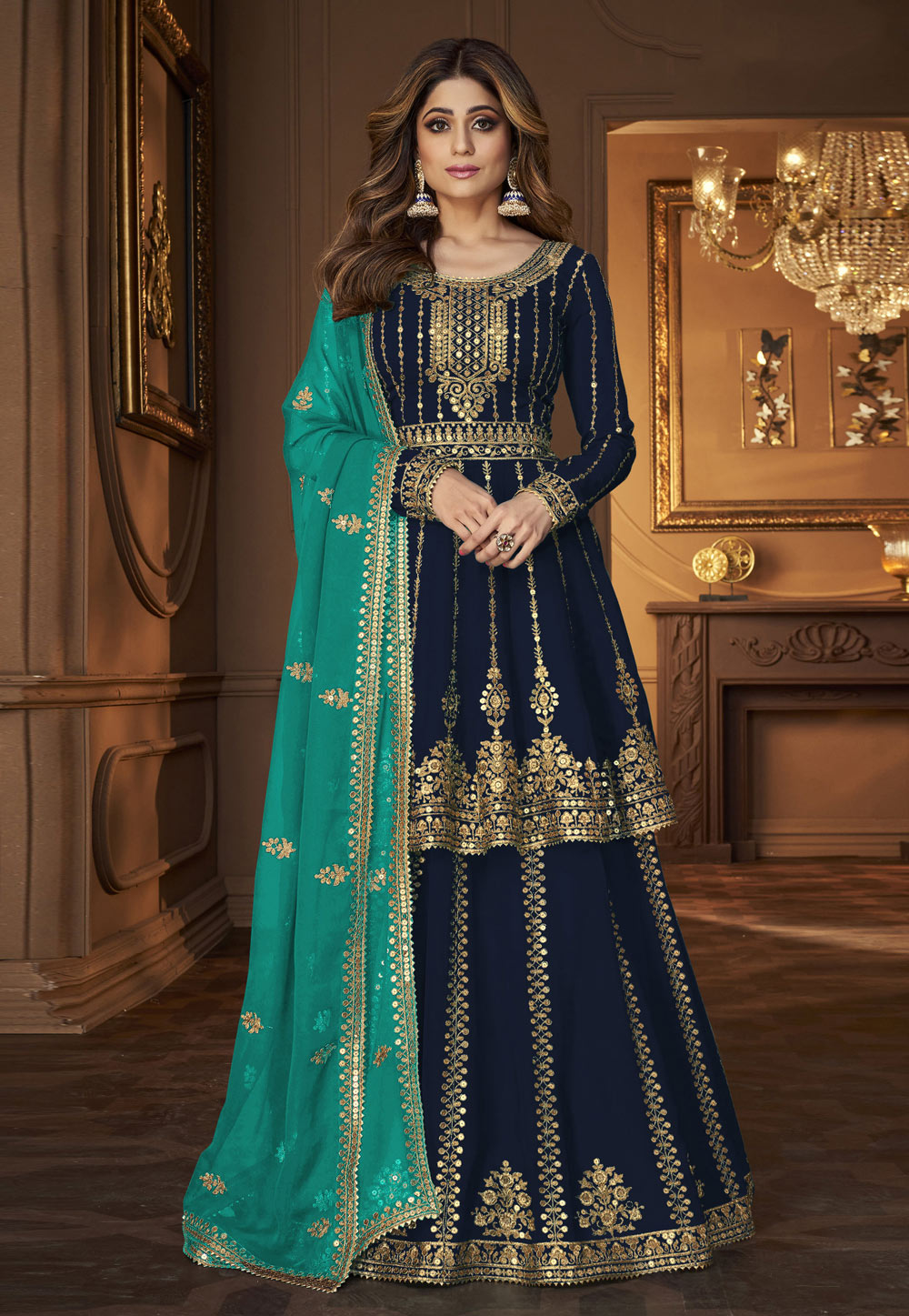 Shamita Shetty Navy Blue Georgette Indo Western Lehenga Choli 277695