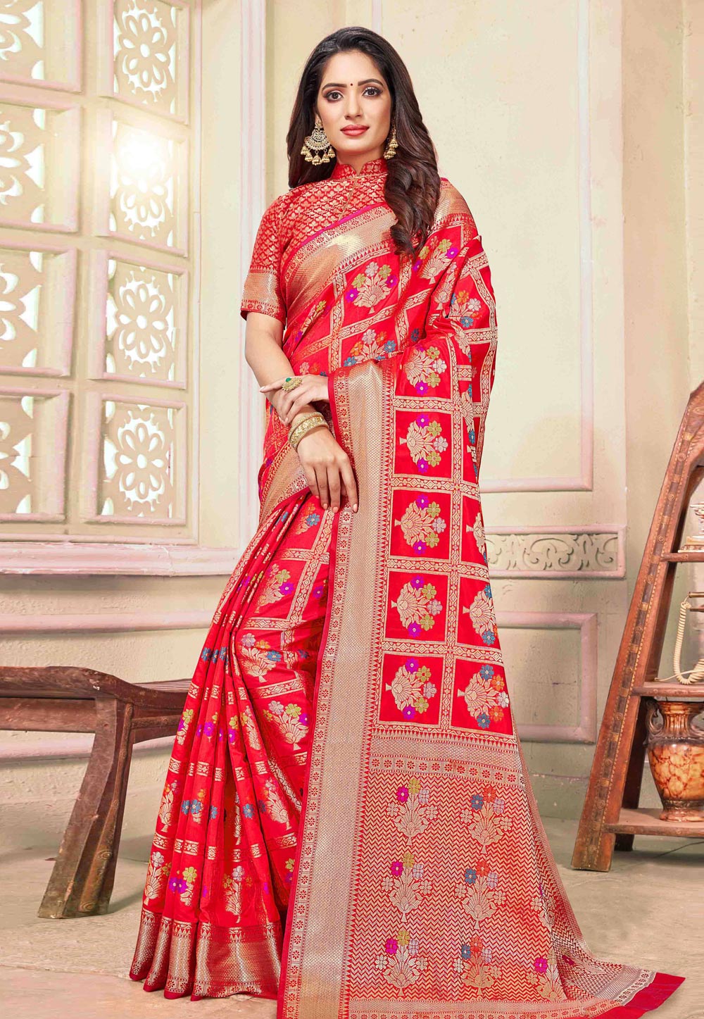 Red Cotton Festival Wear Saree 198087