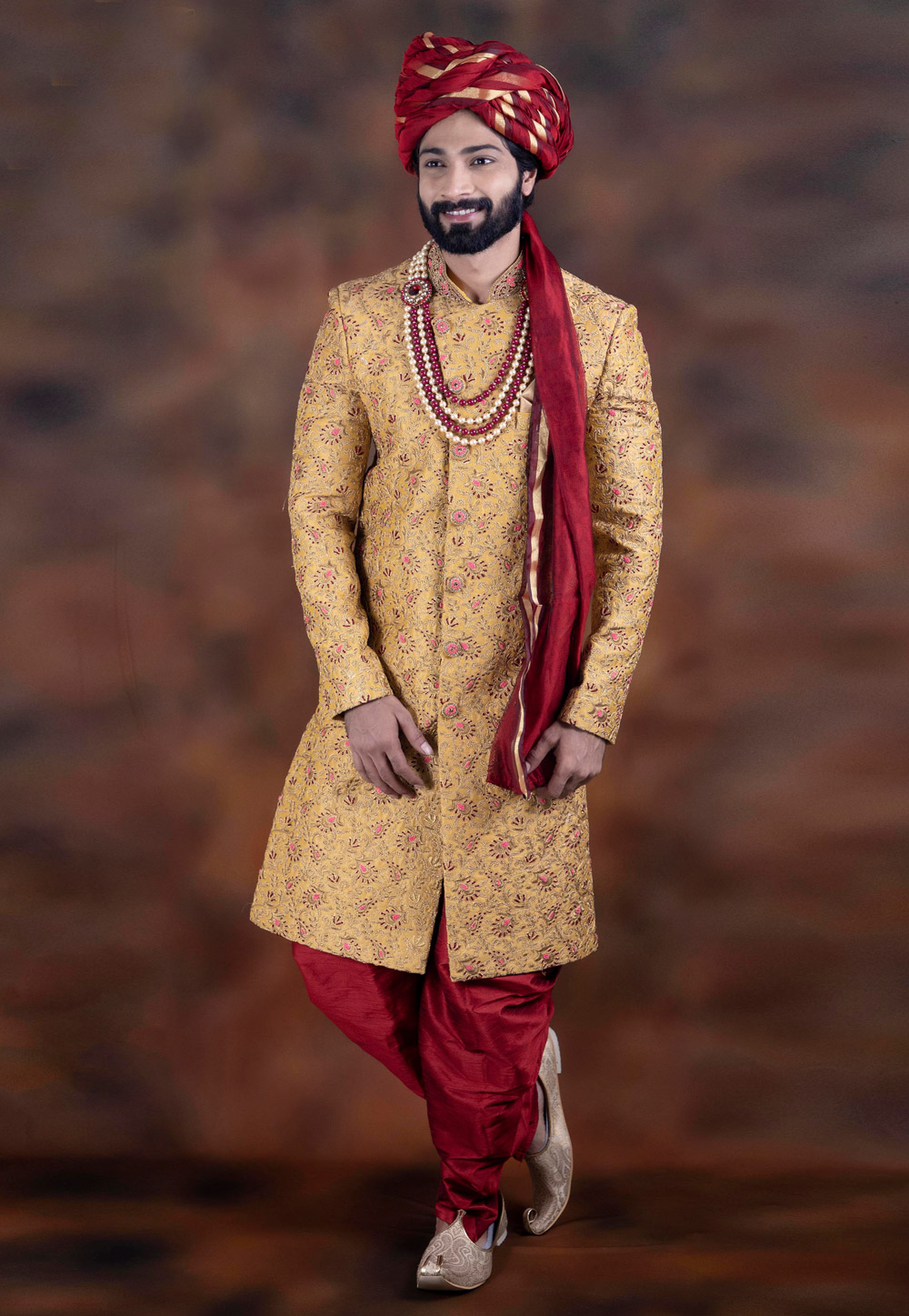 Yellow Jacquard Readymade Dhoti Sherwani 198672