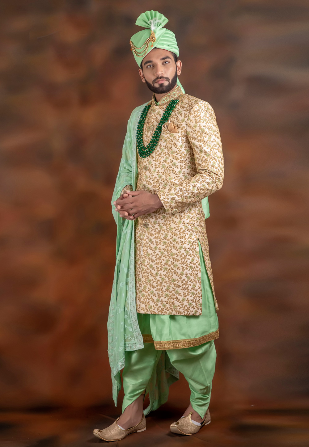 Beige Jacquard Readymade Anarkali Style Sherwani 198676