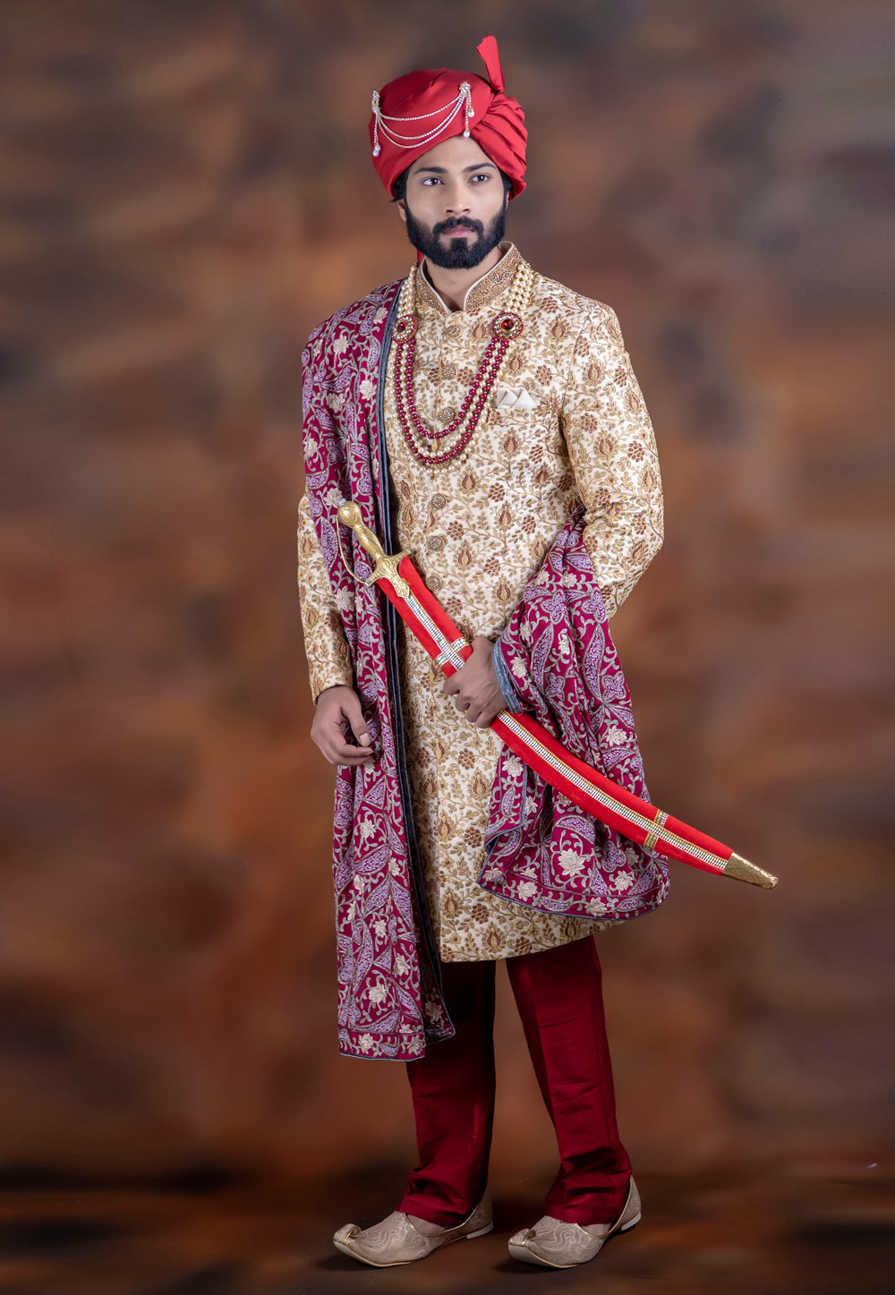 Beige Jacquard Readymade Royal Sherwani 198679