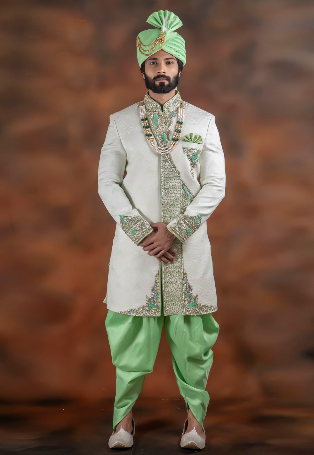 Off White Jacquard Readymade Dhoti Sherwani 198688