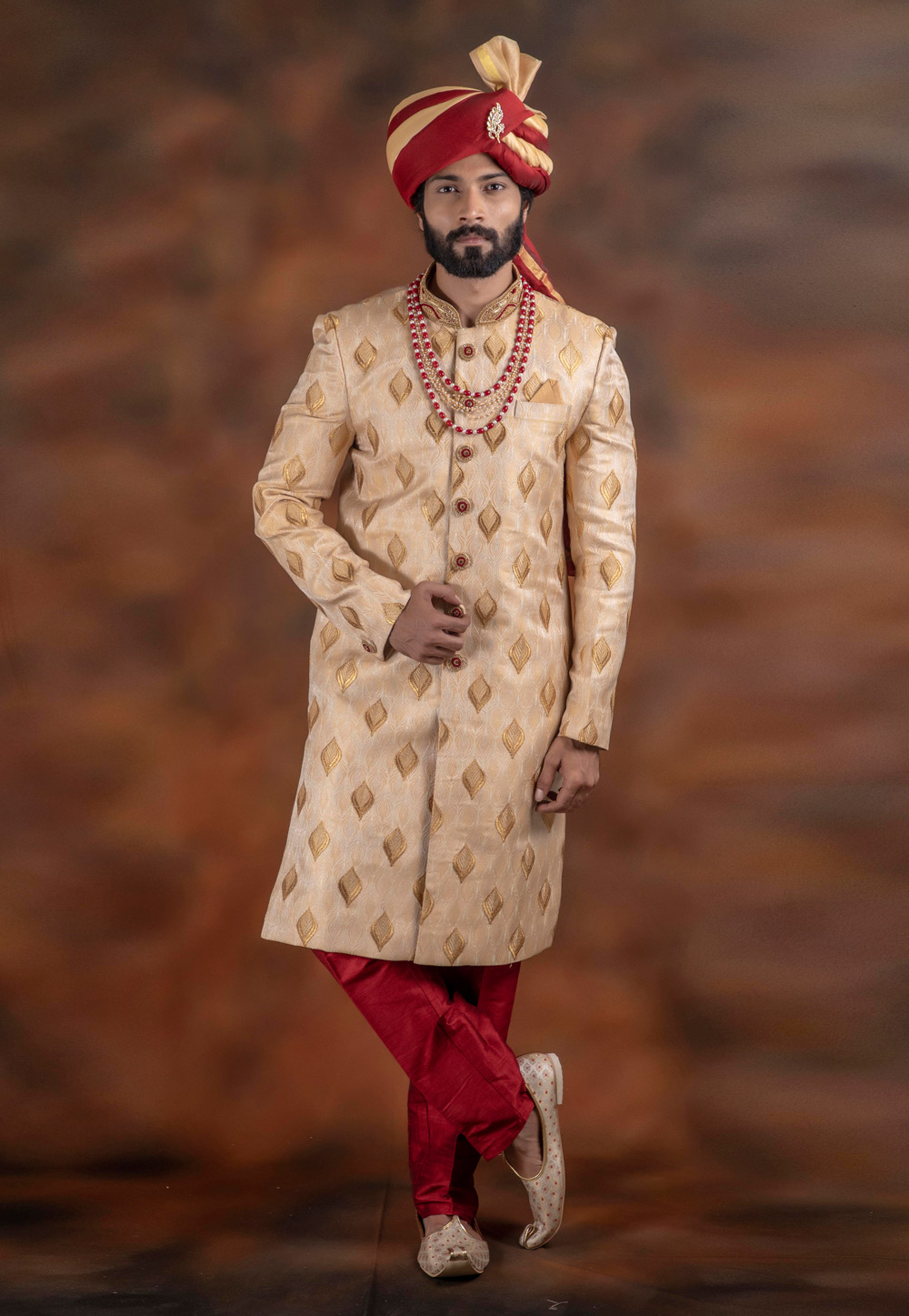Golden Jacquard Readymade Indo Western Sherwani 198699