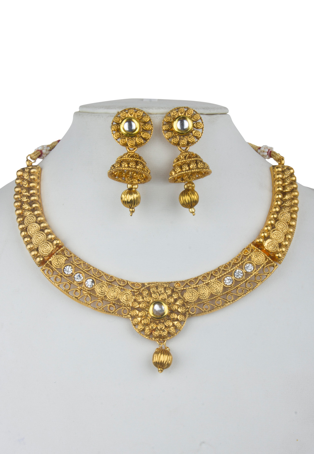 Golden Alloy Kundan Necklace With Earrings 156256