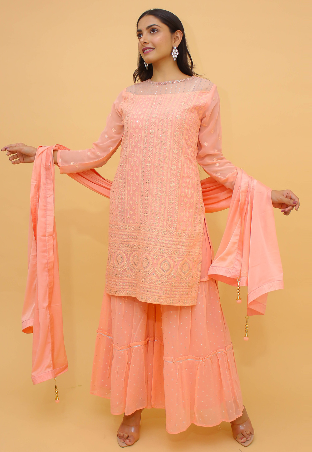 Peach Georgette Readymade Sharara Suit 242603