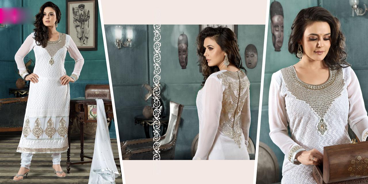 Preity Zinta White Resham Work Churidar Suit 40736