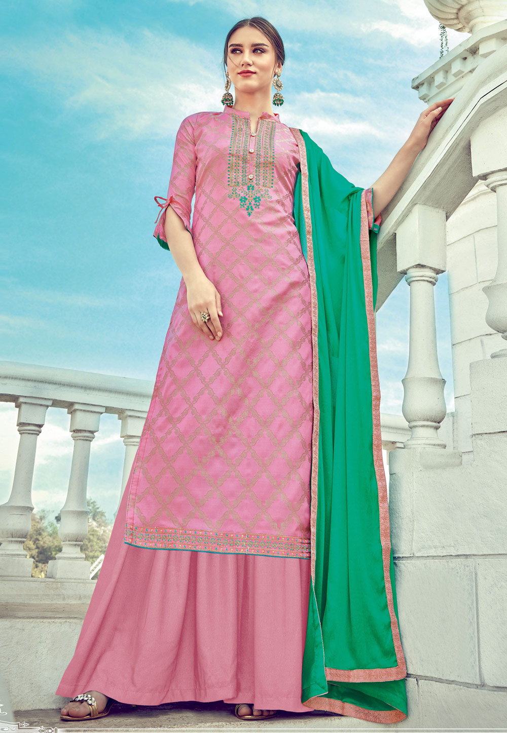 Pink Banarasi Jacquard Kameez With Palazzo 199282