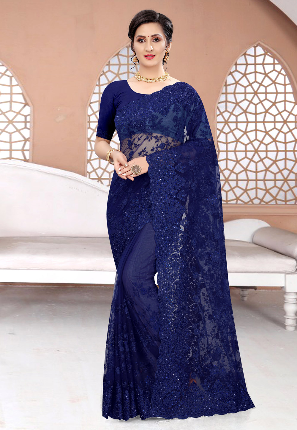 Blue Net Festival Wear Saree 230271