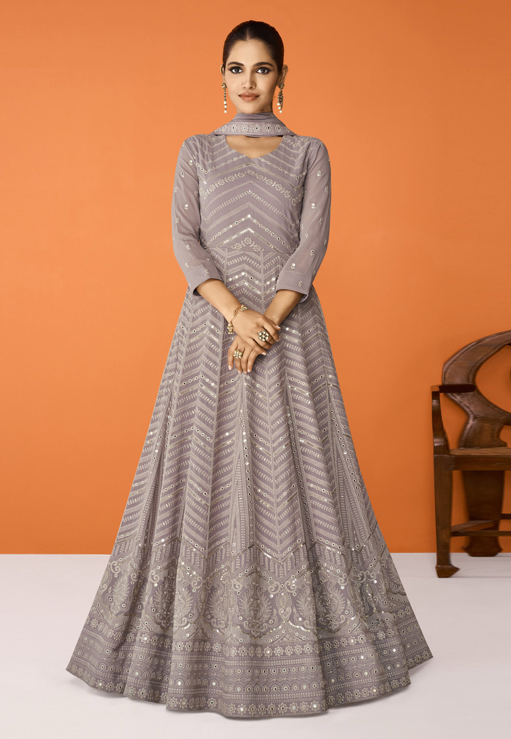 Women Onion Pink Faux Georgette Embroidered Anarkali Suit