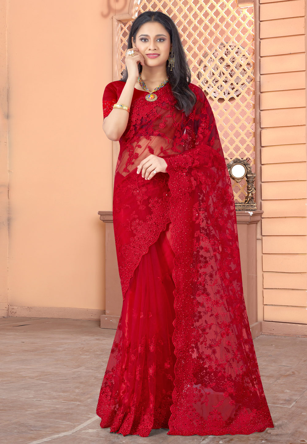 Red Net Party Wear Saree 230547