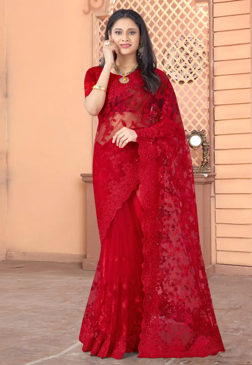 Red Net Party Wear Saree 230547