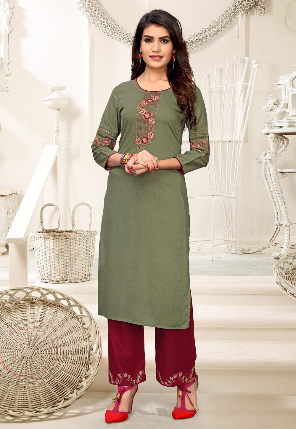 Olive Green Rayon Readymade Tunic 200121