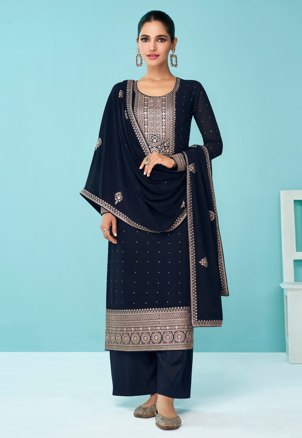 Navy Blue Faux Georgette Palazzo Suit 256280